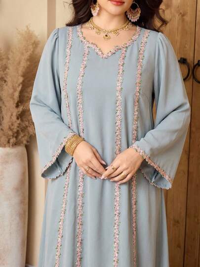 Al Najma Đầm kiểu Ả Rập thanh lịch, cổ chữ V, tay raglan, dáng rộng, dành cho nữ cỡ lớn