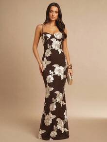 Fitted Strappy Dress With 3D Floral Print - Blue - View 3