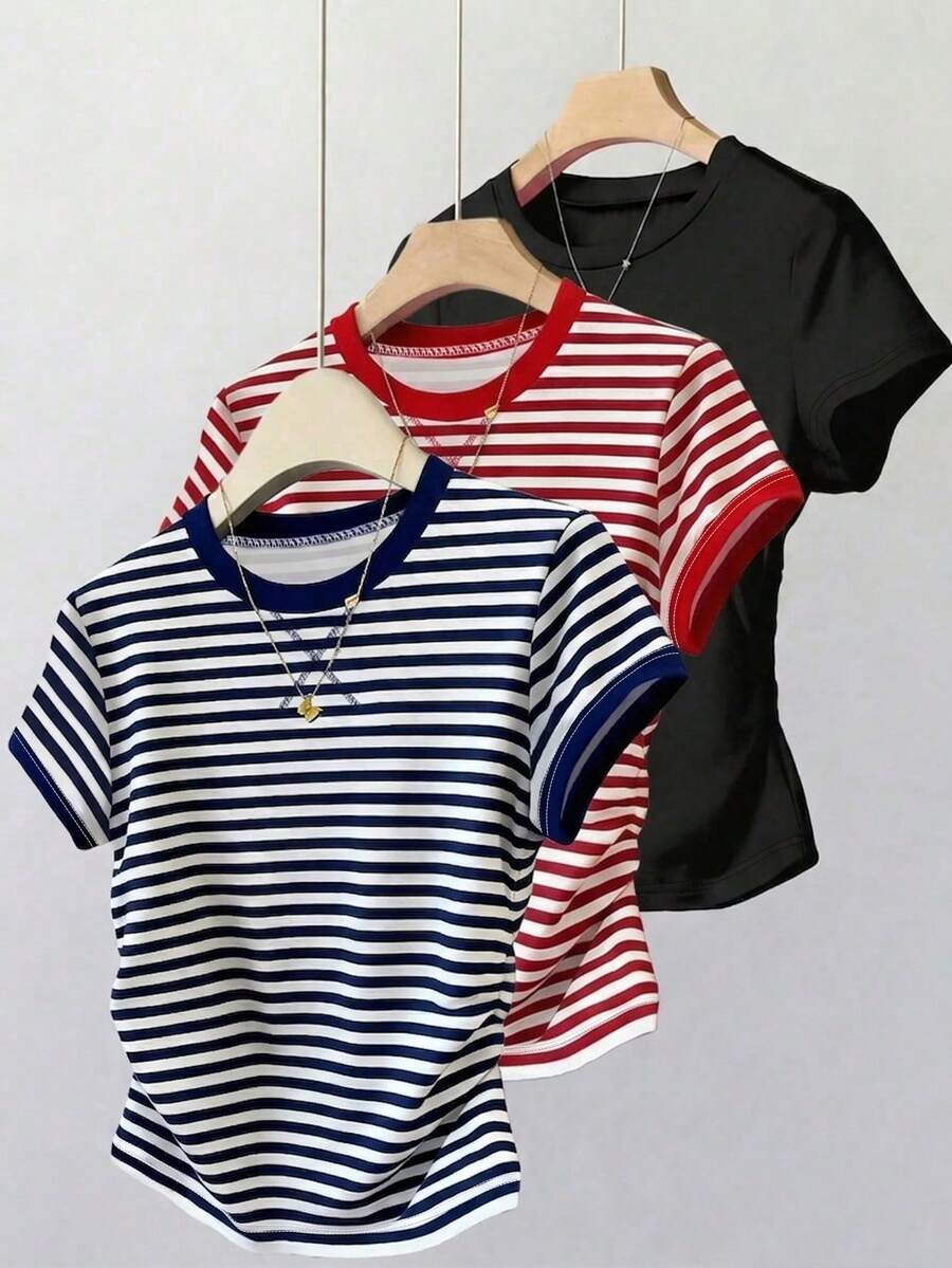 Tween Girls' Striped Crew Neck Casual Everyday Short Sleeve T-Shirt - Multicolor - View 1
