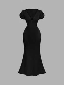 SHEIN MOD Đầm nữ thanh lịch màu trơn phối ren tay cánh hoa - màu đen - Xem 3