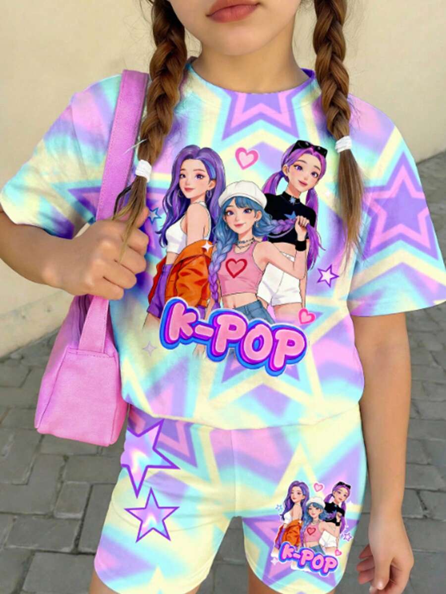 Tween Girls' Cartoon Letter Print Short Sleeve T-Shirt And Shorts Casual Daily Outfit - Multicolor - View 1