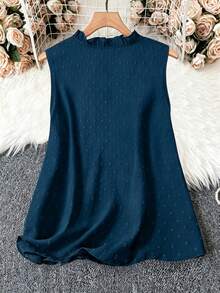 Linhara Plus Size Women Summer Casual Vacation Solid Color Notched Collar Contrast Lace Sleeveless Loose Blouse - Dusty Blue - View 2