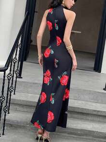 EastFlair Elegant Rose Print High Slit Halter Neck Dress,Black And Red,Summer,Retro,Party Outfits For Women,Valentine's Day,Beach Vacation,Floral Ruffle Dress - Black - View 8