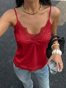 SHEIN EZwear 女士蕾丝拼接休闲百搭日常穿搭吊带背心 - 酒紅色 - 查看 7