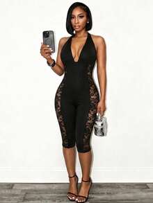 SHEIN BamGlam Women's Contrast Lace Deep V-Neck Sexy Halter Jumpsuit - Black - View 1