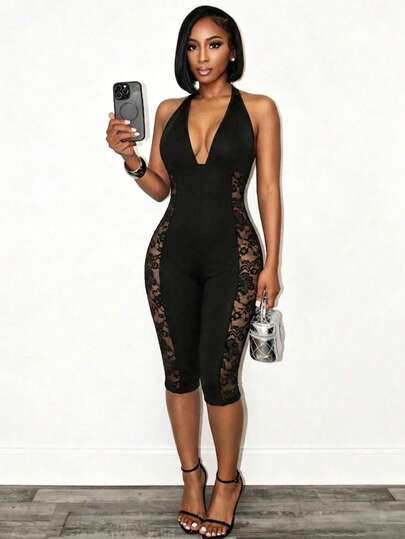 BamGleam Women's Contrast Lace Deep V-Neck Sexy Halter Jumpsuit