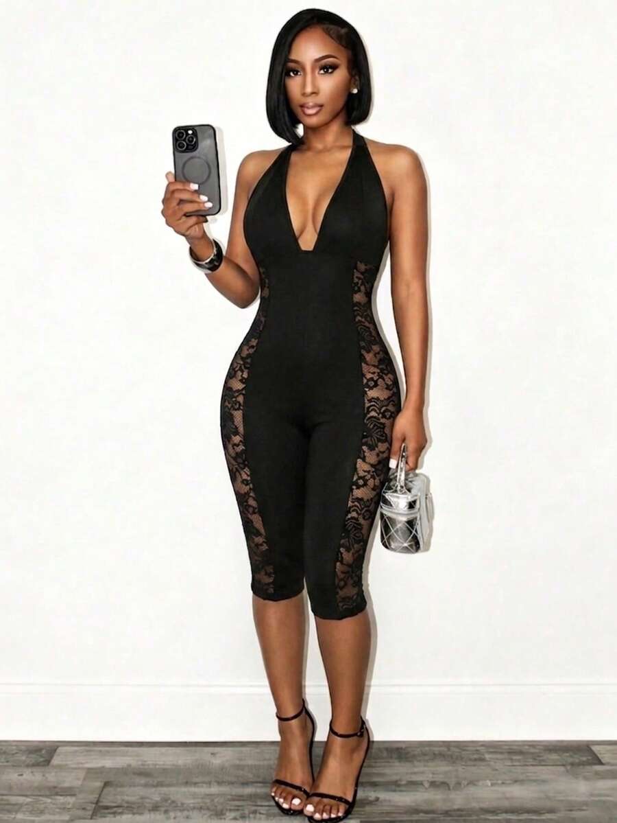SHEIN BamGlam Women's Contrast Lace Deep V-Neck Sexy Halter Jumpsuit - Black - View 1