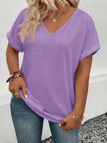 EMERY ROSE Women's Casual V-Neck Turnup Sleeve Short Sleeve All-Match Versatile Plus Size T-Shirt, Spring/Summer - Lilac Purple - View 3