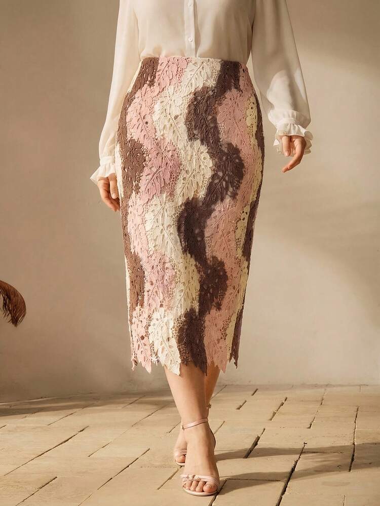 Plus Size Women's High-Quality New Fashion Colorblock Hollow Embroidered Vintage Elegant Ladies Skirt, Suitable For Valentine's Day, Summer Holidays, Spring Break