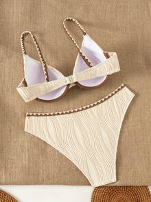 Swim Vcay Đồ bơi nữ thời trang và gợi cảm, với chất liệu vải gợn sóng, điểm nhấn là nơ, khóa cài màu nâu, viền bèo nhún, có gọng nâng đỡ, phù hợp cho kỳ nghỉ, bãi biển, tiệc tùng và hồ bơi. - Màu be - Xem 4