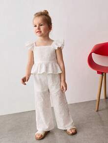 Maija Kids Young Girl Textured Jacquard Fabric Collared Ruffle Trim Top And Loose Wide Leg Pants 2 Pieces Set - White - View 2