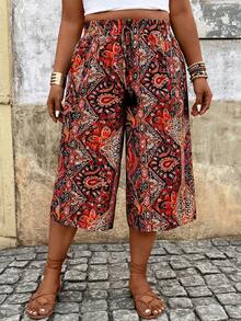 Breezaya Plus Size Women Allover Print Pocket Casual Versatile Daily Wear Pants - Red - View 8