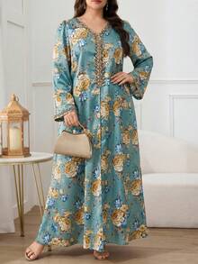 Al Najma 大码女式印花V领阿拉伯风格连衣裙 - 綠色 - 查看 5