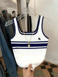 Resyla Women's Casual Knight Print Patchwork Striped Trim Fitted Tank Top, Summer - Blue and White - View 3