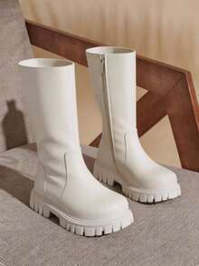 botas altas de princesa para niñas, material de PU suave, diseño lisos, punta redonda, suela gruesa, forro térmico, botas de caña alta cálidas y de moda, adecuadas para uso casual, vacaciones, fiestas, otoño/invierno - BEIG - Ver 1
