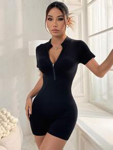 SHEIN Glamour 半拉鍊羅紋針織運動連身褲 - 黑色 - 查看 7