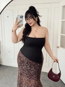 SHEIN EZwear Kích thước lớn Đen Xếp li Khe Quây Đan Co giãn Áo - màu đen - Xem 7