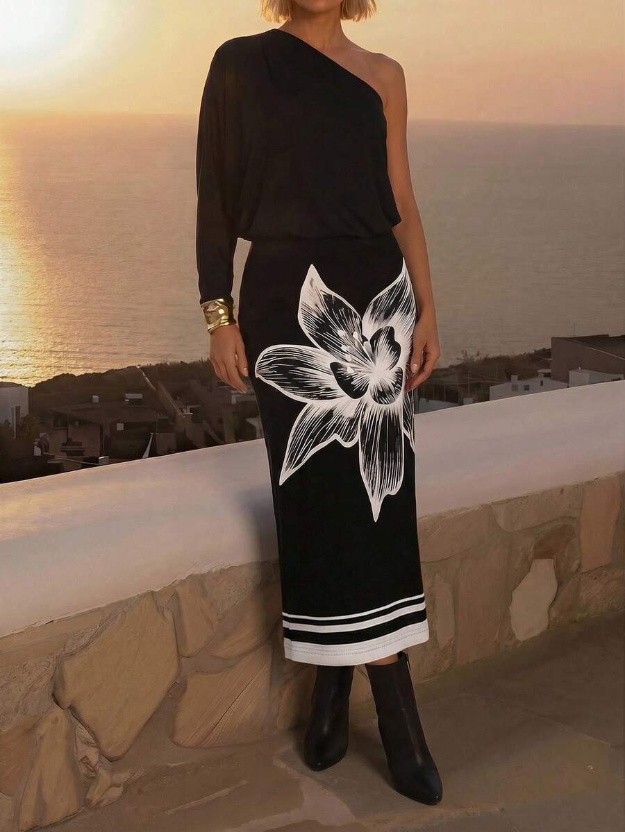 CAJUNI Women's Floral Print Sleeveless Dress, Suitable For Spring/Summer Vacation - Black and White - View 1