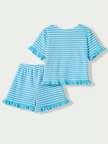 Casuvi Kids 两件套少女T恤套装，可爱欧式设计，黑白条纹针织经典元素，蝴蝶结装饰荷叶边下摆，圆领短袖上衣搭配宽松短裤，适合日常外出、聚会、夏季户外活动。 - 薄荷藍 - 查看 2