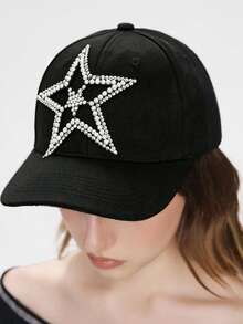 1 Gorra de béisbol con estampado de estrella y diamantes, sombrero de color negro sólido estilo Y2K, hebilla ajustable en la parte posterior, artículo de moda personalizado para uso diario - Blanco y Negro - Ver 1