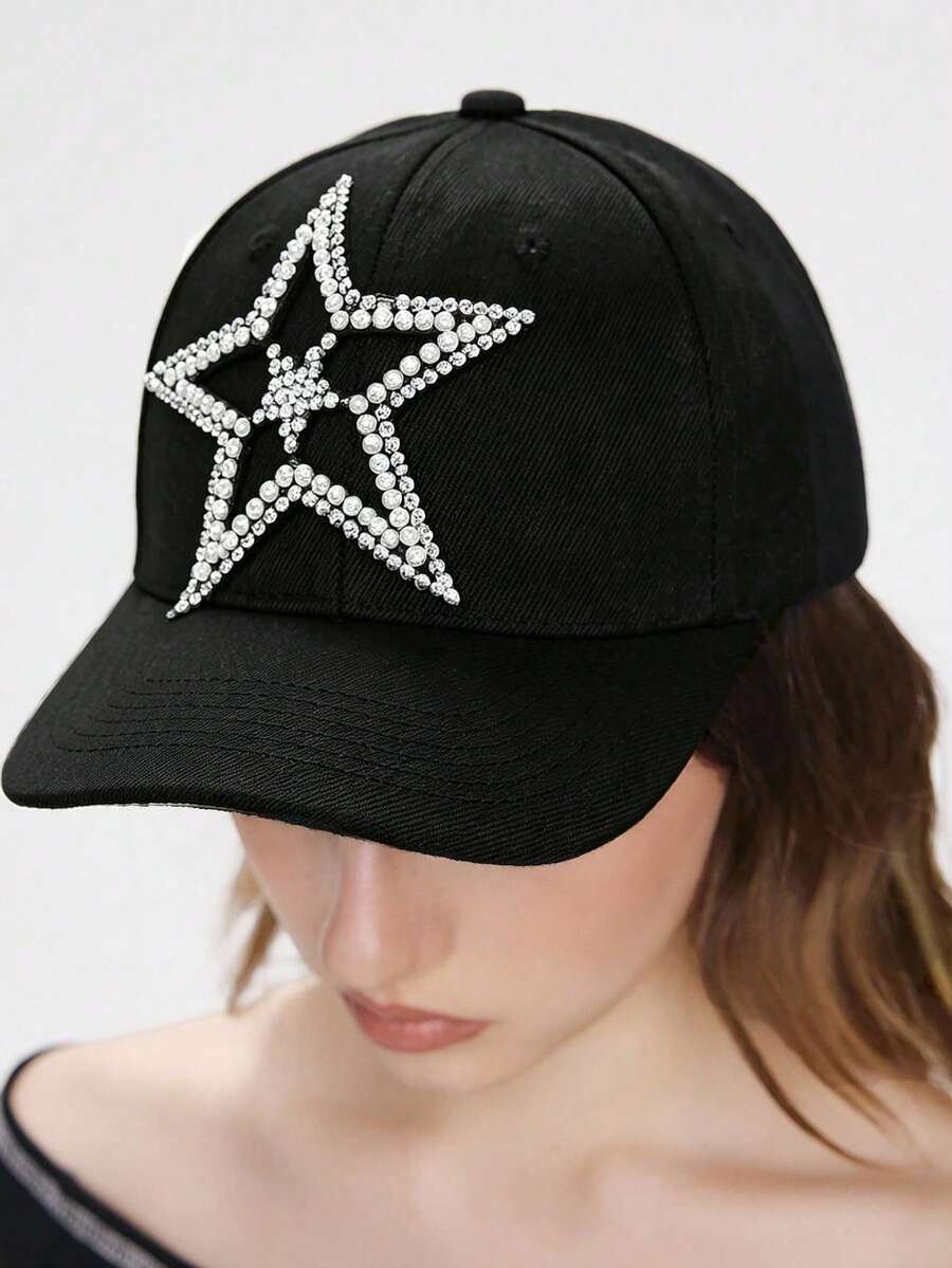 1 Gorra de béisbol con estampado de estrella y diamantes, sombrero de color negro sólido estilo Y2K, hebilla ajustable en la parte posterior, artículo de moda personalizado para uso diario - Blanco y Negro - Ver 1