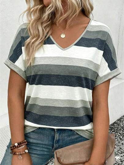Selamara New Arrival Plus Size Women's Fashion Printed Striped V-Neck Versatile Colorful Retro Short Sleeve T-Shirt