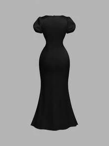 SHEIN MOD Đầm nữ thanh lịch màu trơn phối ren tay cánh hoa - màu đen - Xem 4
