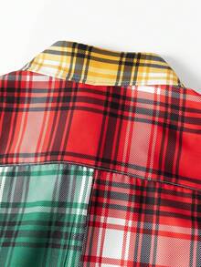 Manfinity Homme Men's Patchwork Turndown Collar Long Sleeve Shirt, Men's Plaid Shirt For Autumn/Winter - Red - View 8