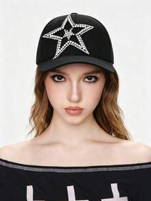 1 Gorra de béisbol con estampado de estrella y diamantes, sombrero de color negro sólido estilo Y2K, hebilla ajustable en la parte posterior, artículo de moda personalizado para uso diario - Blanco y Negro - Ver 2