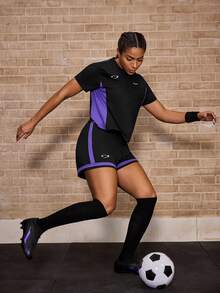 Powerista Women's Summer&Spring Fitness Sportswear Black And Purple Contrast Color Print Breathable Fabric Fit Football Sports Short Sleeves - Black - View 8