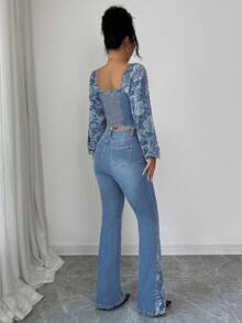 Elenzga Set de 2 piezas de conjunto de mujer de estilo denim, blusa de manga larga con hombros descubiertos y pantalones de cintura alta - Lavado ligero - Ver 2
