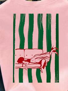 女士T恤，休闲街头风印花短袖T恤，可爱夏季上衣 - 橘色 - 查看 4