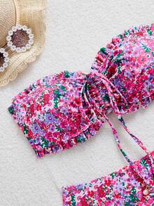 SHEIN Swim 女士夏季沙滩度假新款可爱无肩带碎花荷叶边小碎花搭配精致珍珠吊坠抽绳比基尼套装 - 彩色 - 查看 4