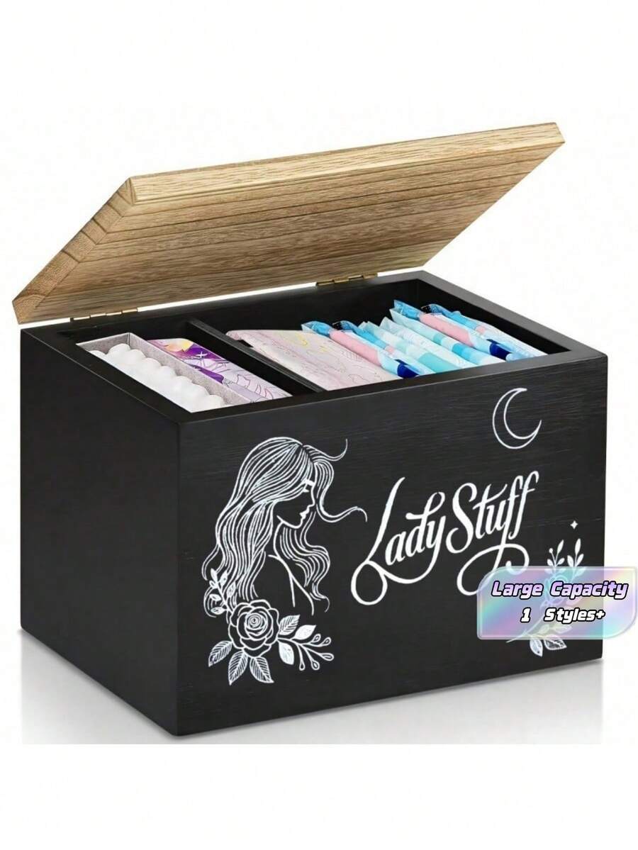 1PC Large Capacity Double Layer Wooden Storage Box With Lid Multicolor Detachable Partition Modern Feminine Napkin Organizer For Women Girls Bedroom Bathroom Counter Organization Caddy Tidy - Multicolor - View 1