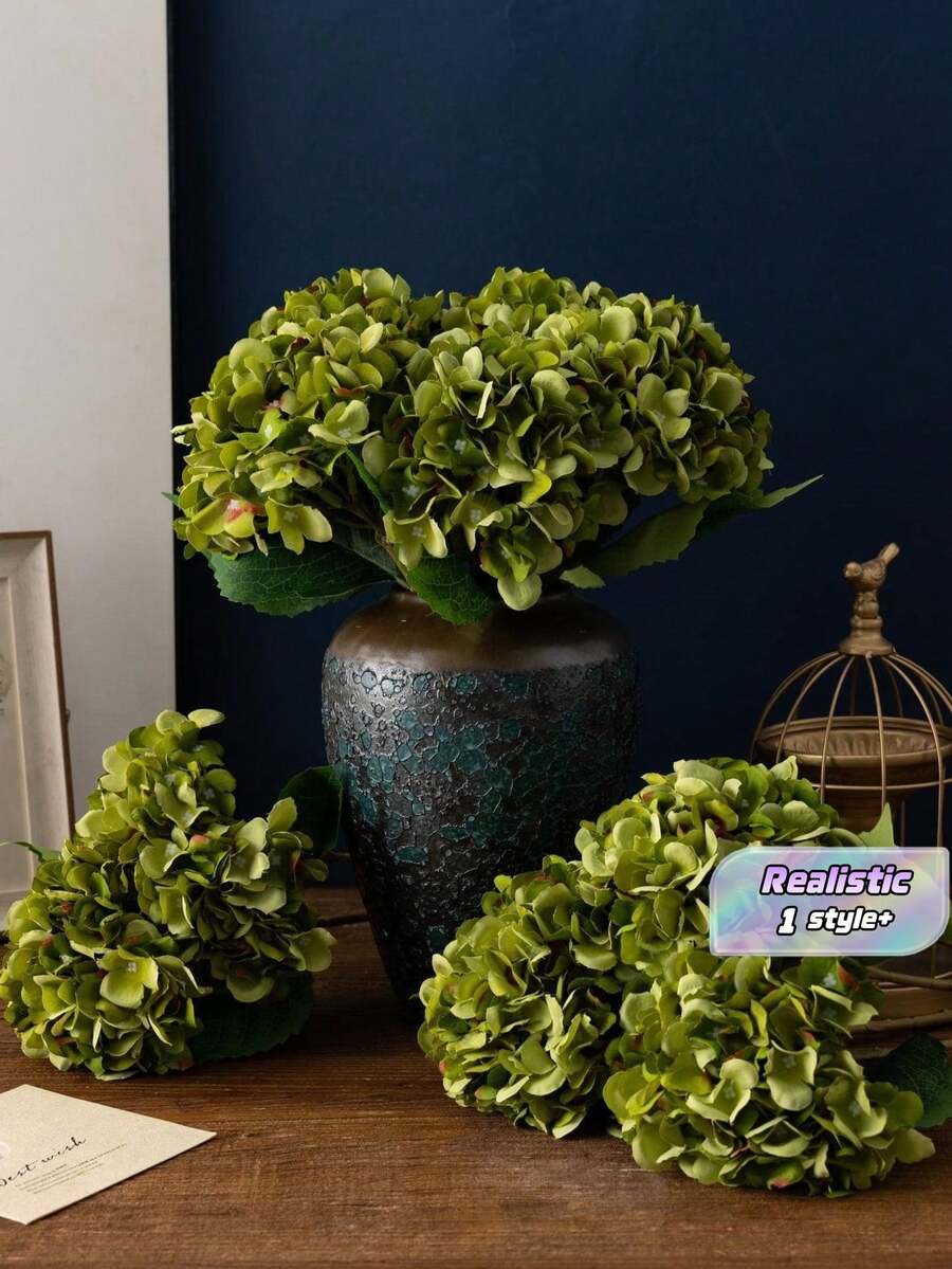 1pc Faux Hydrangea Flowers, Artificial Hydrangea, Realistic Fake Plants, High Quality Lifelike Flowers For DIY Wedding Bouquet, Parties, Home Living Room, Kitchen, Garden, Office Room Decor, Spring, Autumn, Valentine's Day, Teacher's Day, Nurse's Day - Olive Green - View 1