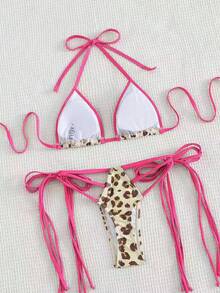 Swim SXY Nuevo conjunto de bikini sexy con estampado de leopardo, escote halter y espalda descubierta, traje de baño de dos piezas con bloques de color para playa y vacaciones - Multicolor - Ver 6