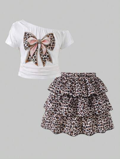 SHEIN Tween Girls' Summer Leopard Print Bow Off-Shoulder Elegant Fitted Short Sleeve Crop Top And Layered Leopard Print Mini Skirt 2-Piece Set, White + Brown, Suitable For Party, Outing, Daily Wear