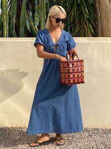 Đầm denim buộc dây kiểu dáng thường ngày dành cho nữ, thích hợp cho mặc hàng ngày, hẹn hò và đi chơi. - Rửa trung bình - Xem 5