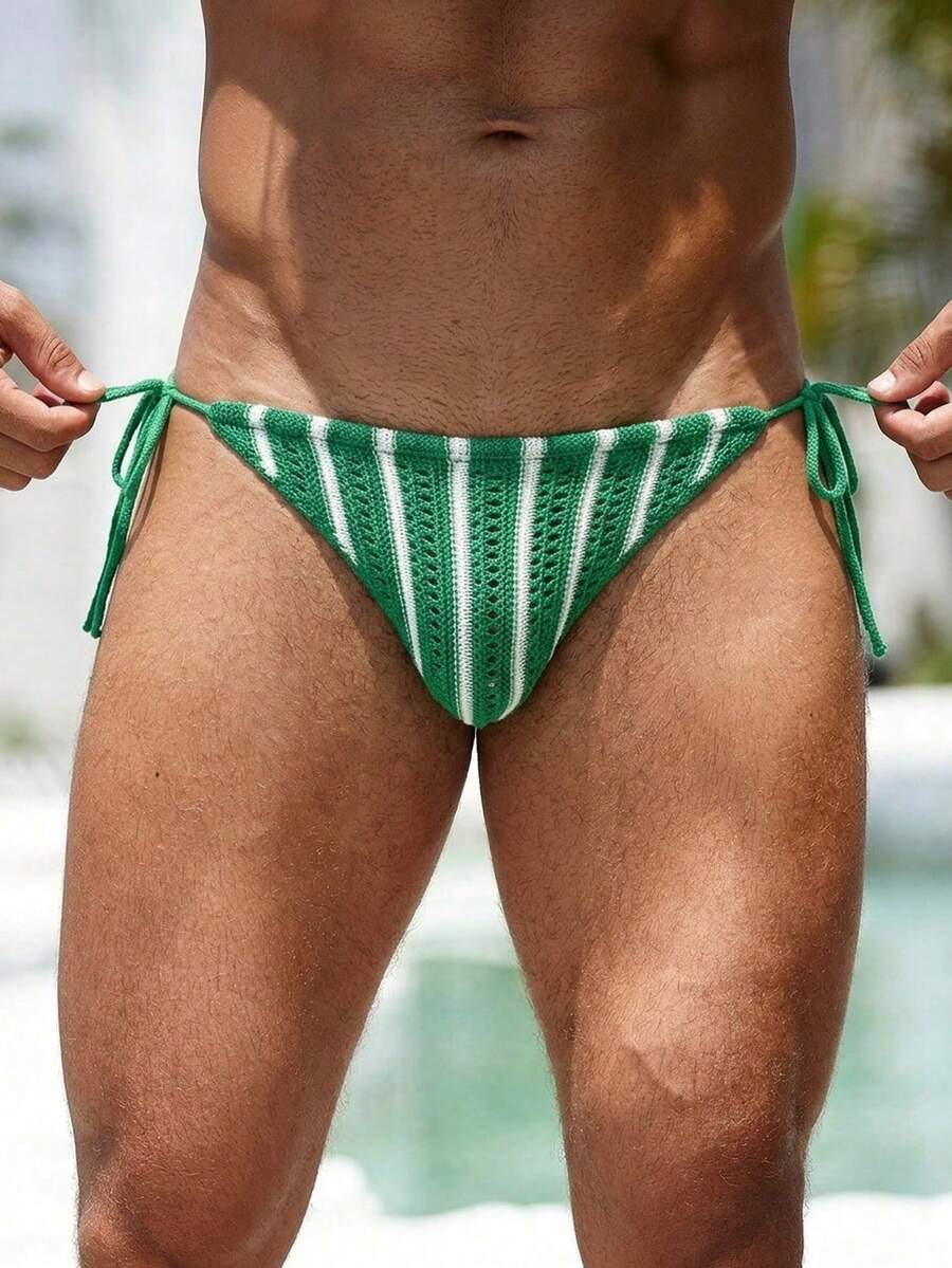 Manfinity Swimmode 男士条纹休闲沙滩泳裤 - 綠色 - 查看 1