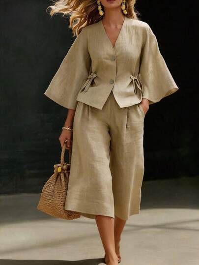 Breezaya Women's New Spring Summer Linen Two Piece Set, V-Neck Flared Sleeve Tie Waist-Cinching Coat & High Waist Capri Wide Leg Pants Set, Linen Set, Khaki Wide Leg Pants Set, V-Neck Flared Sleeve Set, Capri Two Piece Set, Vacation Style Set, Casual Commute Set, Relaxed Fit Two Piece Outfit, Khaki Linen Slub Texture Two Piece Set, All Season Two Piece Set For Women, Women Casual Set, Women Vacation Outfit Two Piece Set, Women Country Style Set, Ruffle Top, Ruffle Two Piece Set, Women Two Piece Set, Mother's Day Outfit Set, Beach Two Piece Set, Khaki Set