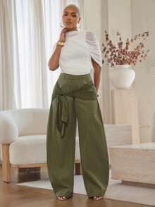 Vixey Solid Woven Barrel Leg Trousers With Self Tie Satin Waist Sash, Business Casual, Workwear, Polished, Tailored, Desk To Dinner, Power Dressing - Army Green - View 1