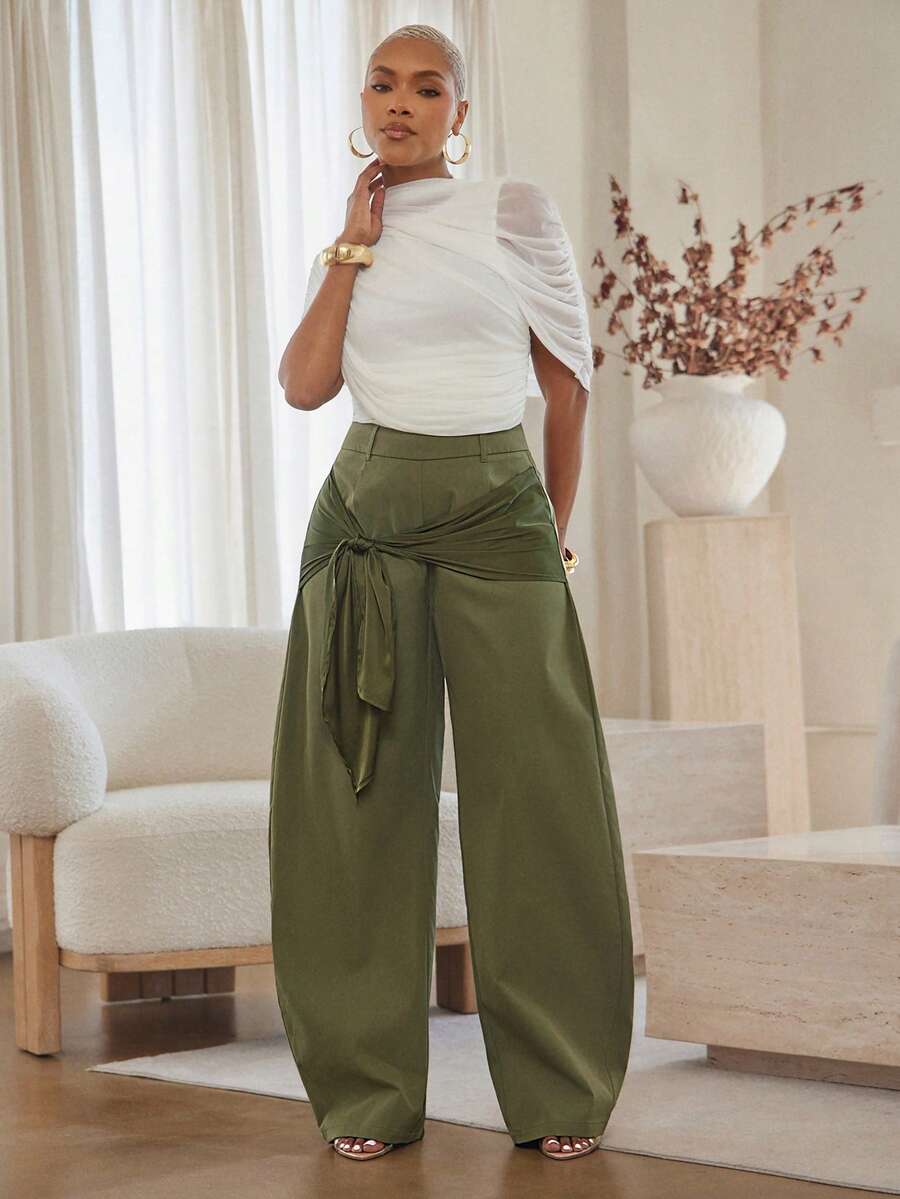 Vixey Solid Woven Barrel Leg Trousers With Self Tie Satin Waist Sash, Business Casual, Workwear, Polished, Tailored, Desk To Dinner, Power Dressing - Army Green - View 1