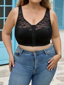 SHEIN CURVE+ Plus Size Women Lace Patchwork Front Closure Casual Everyday Shaping Top - Black - View 4