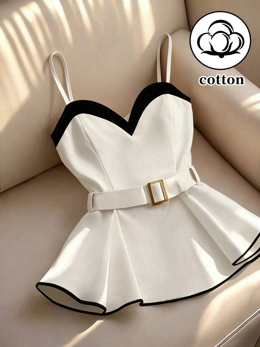 Franclia Canotta donna con scollo a cuore, a patchwork bianco e nero, con spalline arricciate, stile casual da vacanza con cintura con fibbia dorata, adatta per lavoro, pendolarismo, stile campus - Bianco - Visualizzare 1