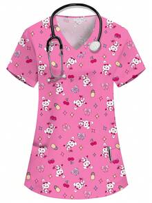 PopScrub Women's Pink Cute Cartoon Rabbit Print Scrub Top,V-Neck Short Sleeve Nurse Doctor Uniform,Veterinary Clinic Maid Work Wear,Functional Lab Coat,Work - Pink - View 1