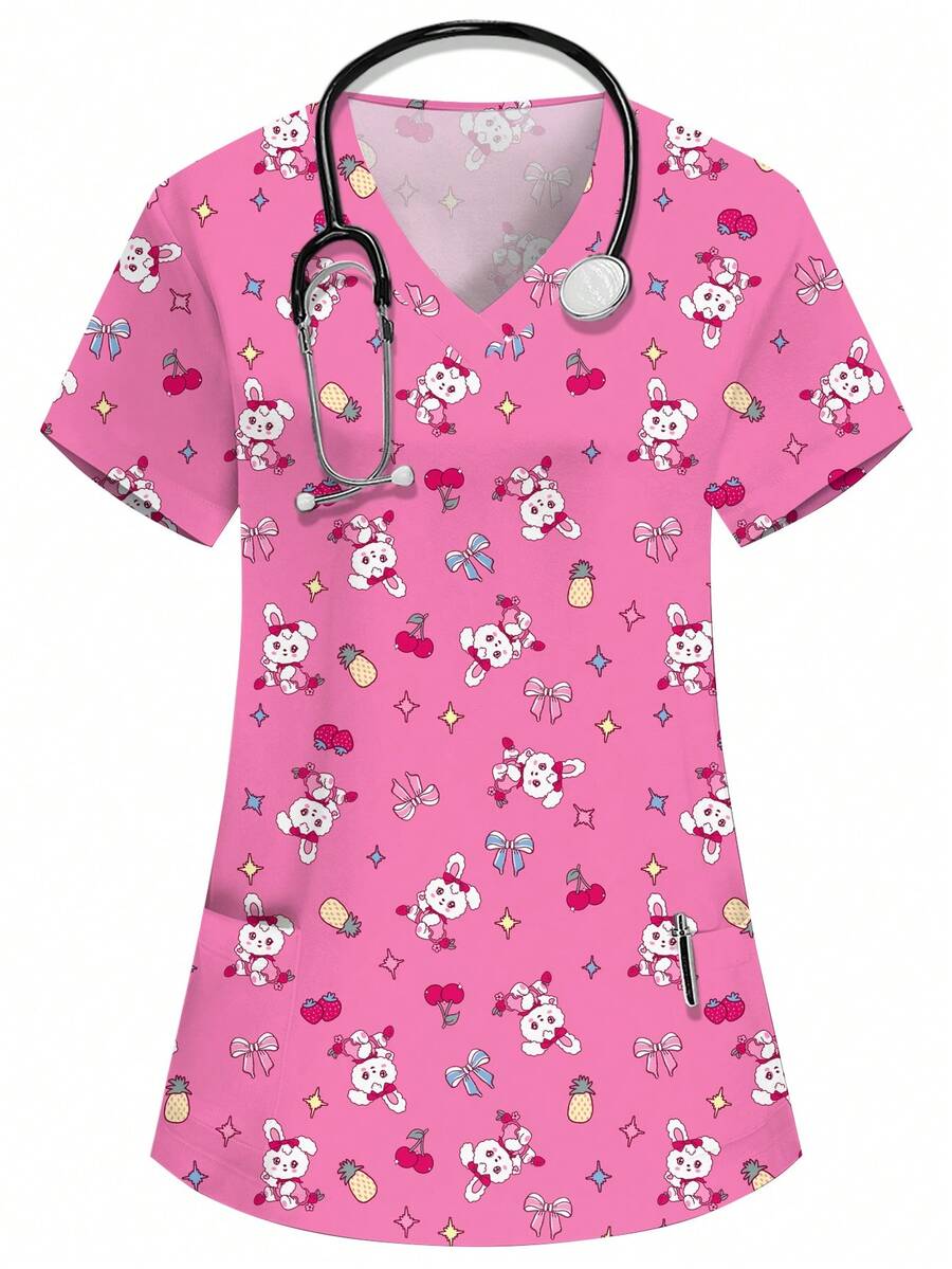 PopScrub Women's Pink Cute Cartoon Rabbit Print Scrub Top,V-Neck Short Sleeve Nurse Doctor Uniform,Veterinary Clinic Maid Work Wear,Functional Lab Coat,Work - Pink - View 1