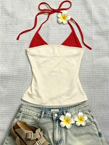 SHEIN Women's Casual Cute Letter Chili Pepper Print Halter Neck Top Vacation Red And White Gingham Summer - Apricot - View 2