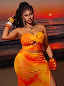 Maweii Bộ bikini và váy 2 mảnh họa tiết cam quyến rũ dành cho kỳ nghỉ biển. - trái cam - Xem 2