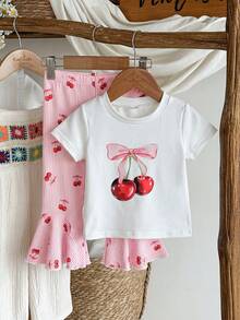 SHEIN Vintaside Kids 女婴夏季圆领短袖印花简约时尚T恤搭配百搭休闲裤套装，适合日常休闲、海滩玩耍或公园散步。 - 白色 - 查看 4