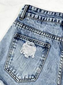 SHEIN Essnce Summer Casual Washed Distressed Denim Shorts - Baby Blue - View 5